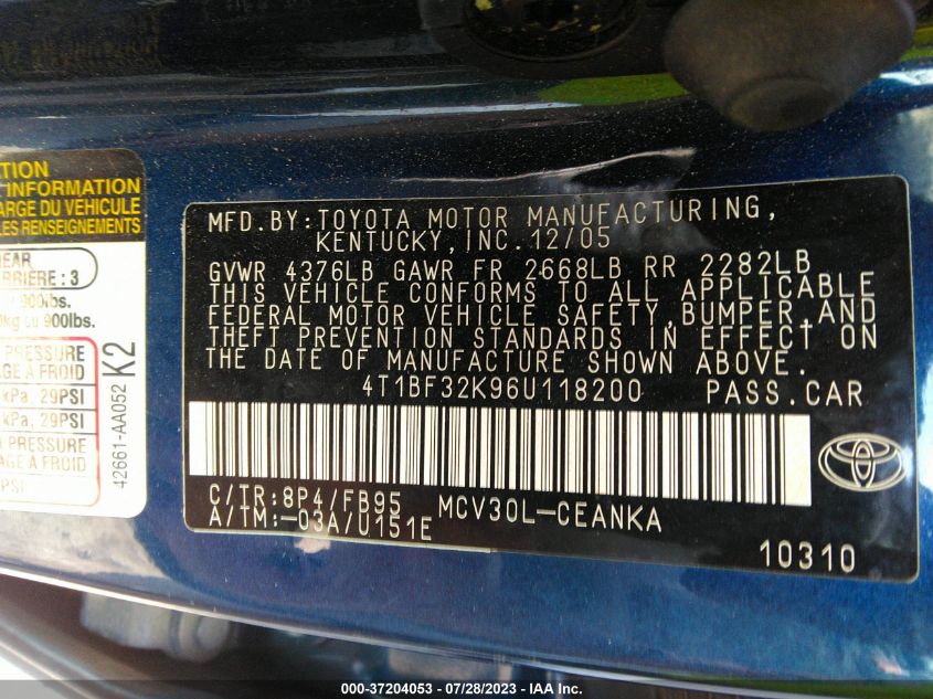 Photo 8 VIN: 4T1BF32K96U118200 - TOYOTA CAMRY 