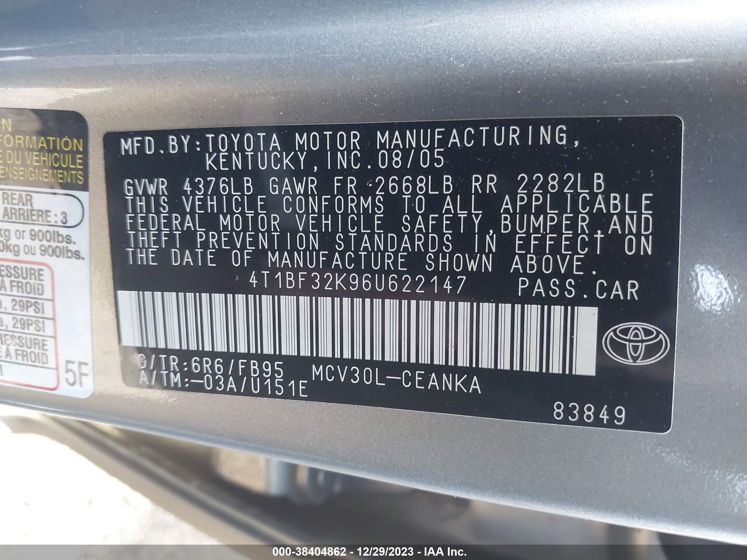 Photo 8 VIN: 4T1BF32K96U622147 - TOYOTA CAMRY 