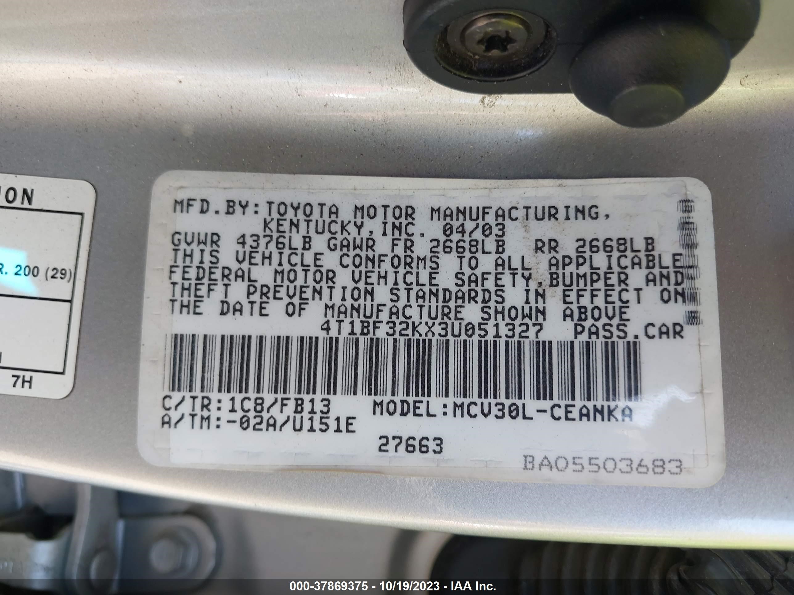 Photo 8 VIN: 4T1BF32KX3U051327 - TOYOTA CAMRY 