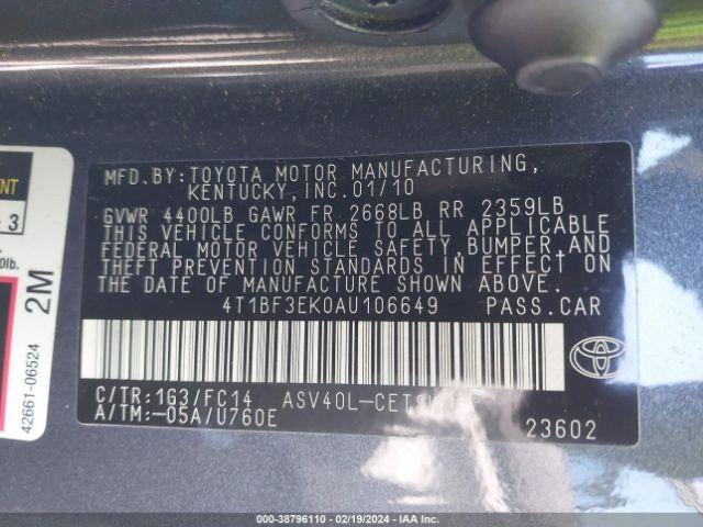 Photo 8 VIN: 4T1BF3EK0AU106649 - TOYOTA CAMRY 