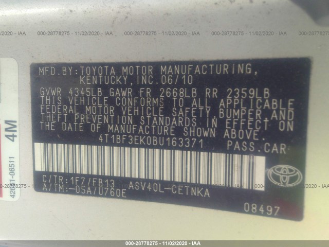 Photo 8 VIN: 4T1BF3EK0BU163371 - TOYOTA CAMRY 