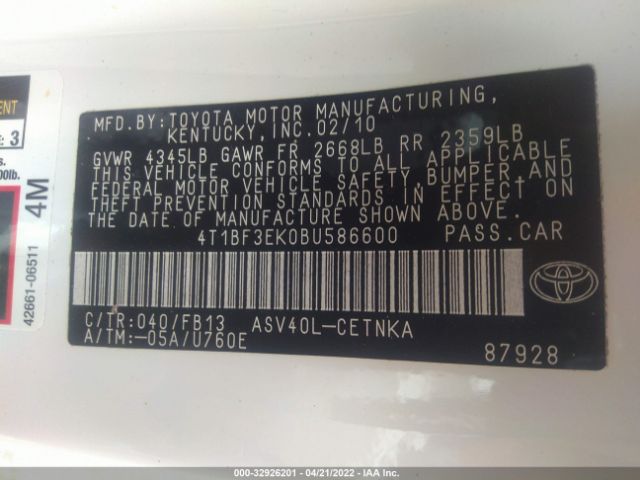 Photo 8 VIN: 4T1BF3EK0BU586600 - TOYOTA CAMRY 