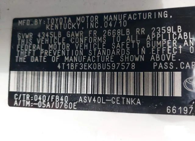 Photo 8 VIN: 4T1BF3EK0BU597578 - TOYOTA CAMRY 