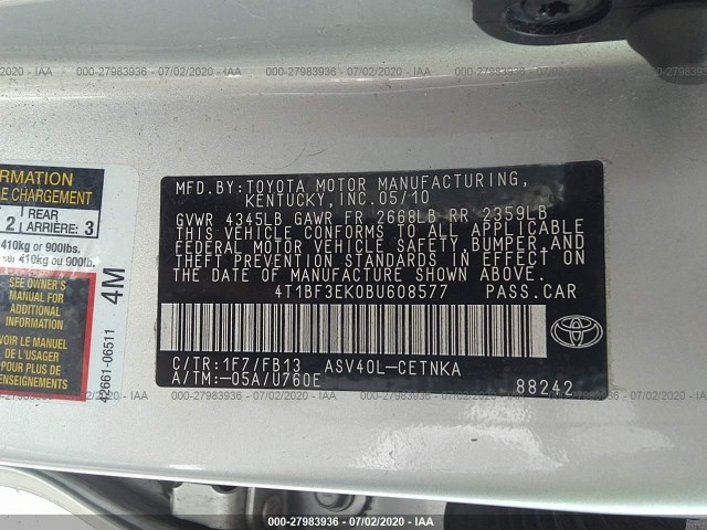 Photo 8 VIN: 4T1BF3EK0BU608577 - TOYOTA CAMRY 