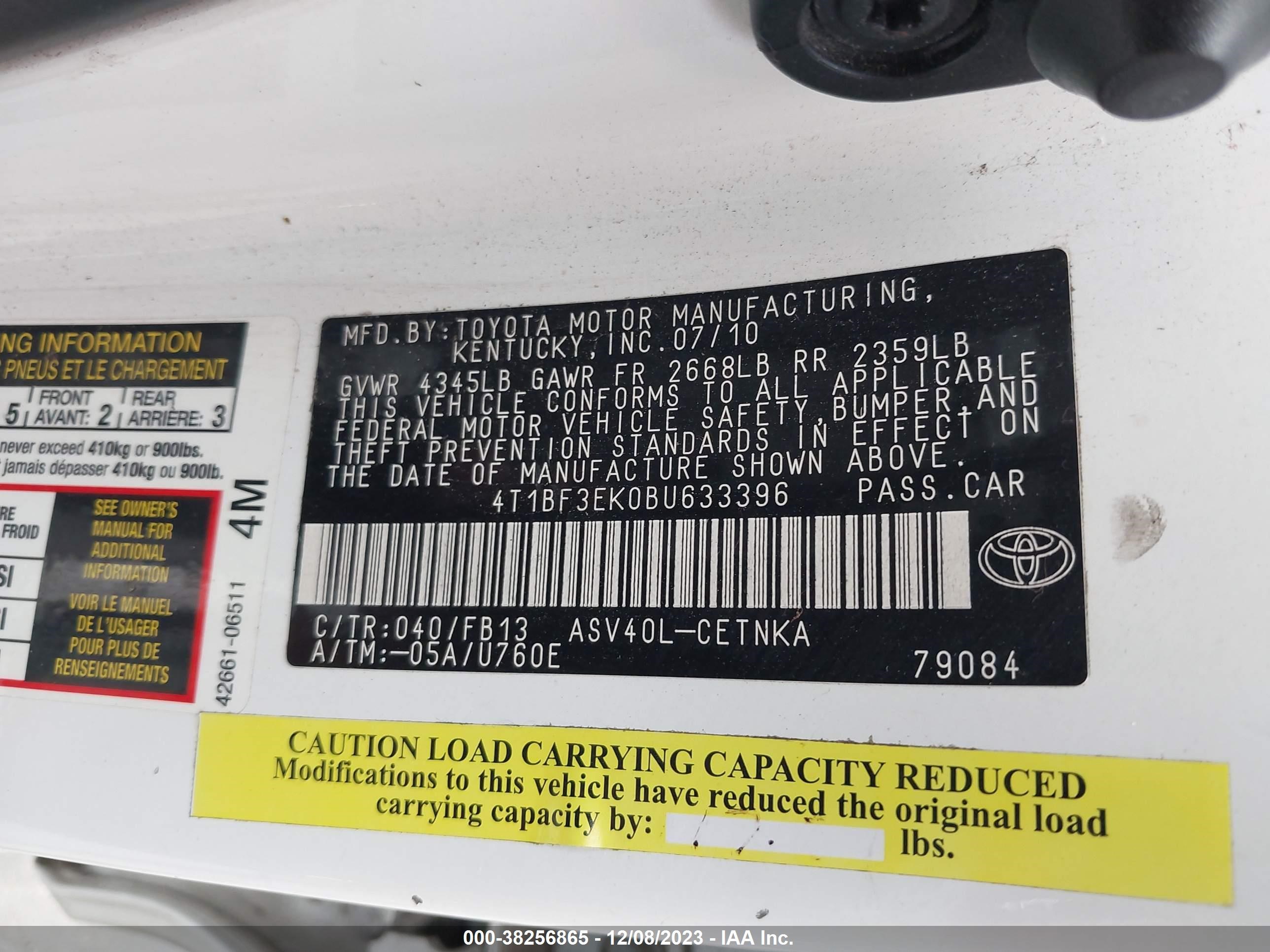 Photo 8 VIN: 4T1BF3EK0BU633396 - TOYOTA CAMRY 