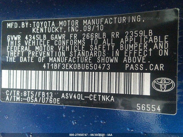 Photo 8 VIN: 4T1BF3EK0BU650473 - TOYOTA CAMRY 