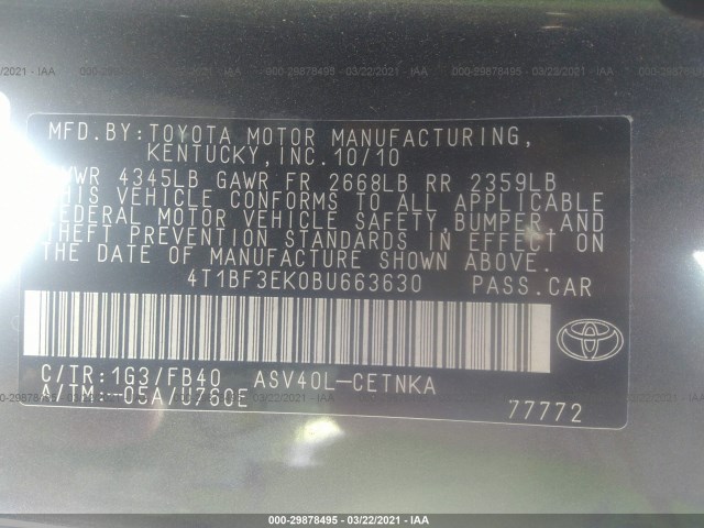 Photo 8 VIN: 4T1BF3EK0BU663630 - TOYOTA CAMRY 