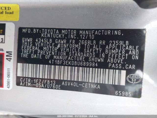 Photo 8 VIN: 4T1BF3EK0BU689984 - TOYOTA CAMRY 