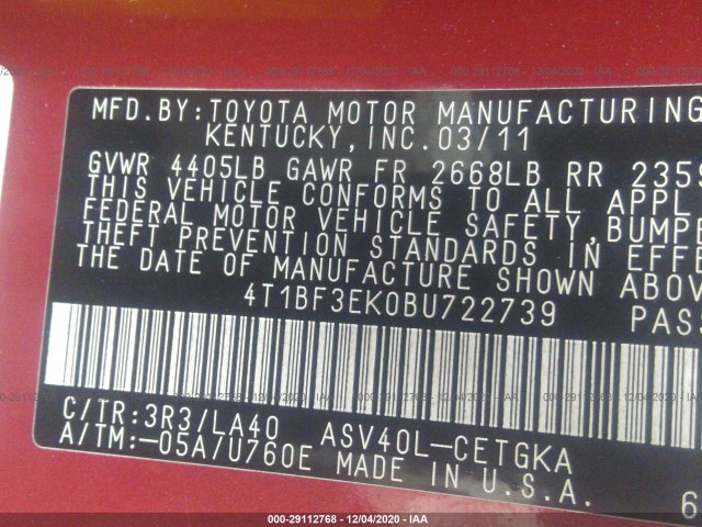 Photo 8 VIN: 4T1BF3EK0BU722739 - TOYOTA CAMRY 