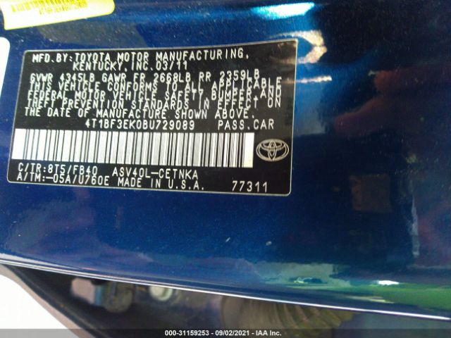 Photo 8 VIN: 4T1BF3EK0BU729089 - TOYOTA CAMRY 