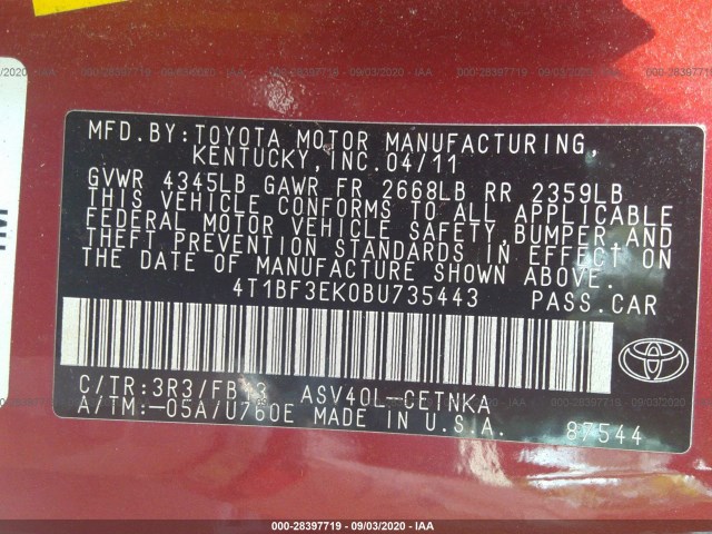 Photo 8 VIN: 4T1BF3EK0BU735443 - TOYOTA CAMRY 