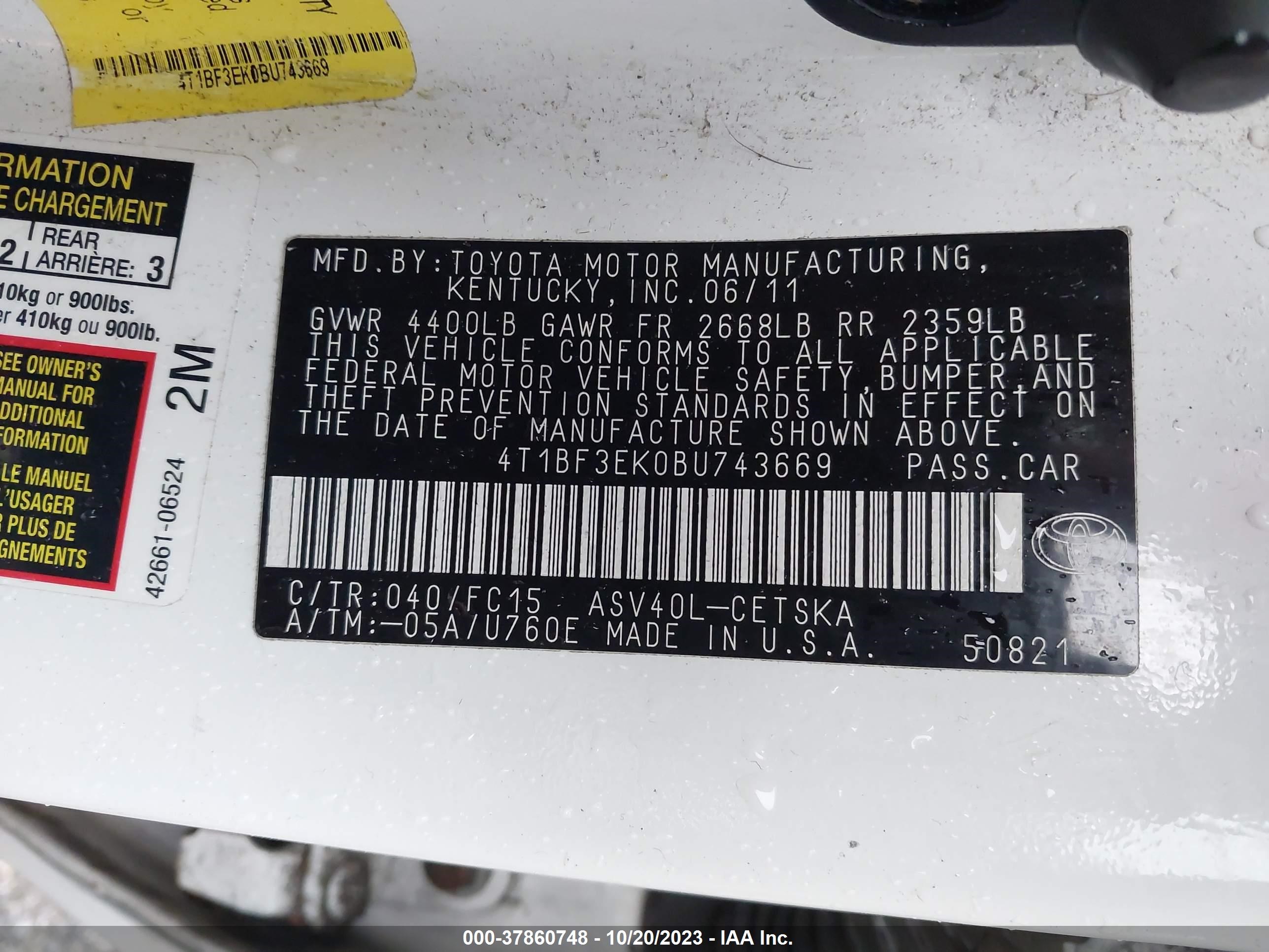 Photo 8 VIN: 4T1BF3EK0BU743669 - TOYOTA CAMRY 