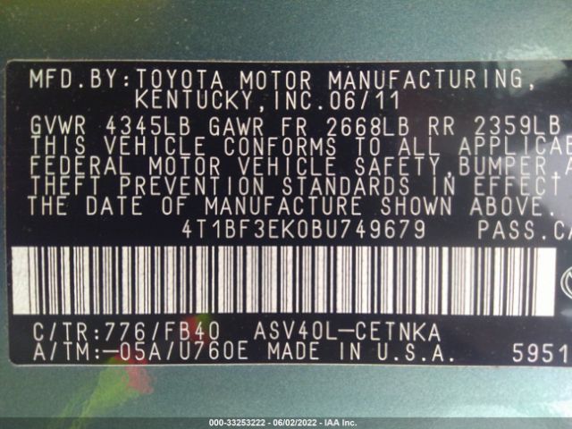 Photo 8 VIN: 4T1BF3EK0BU749679 - TOYOTA CAMRY 