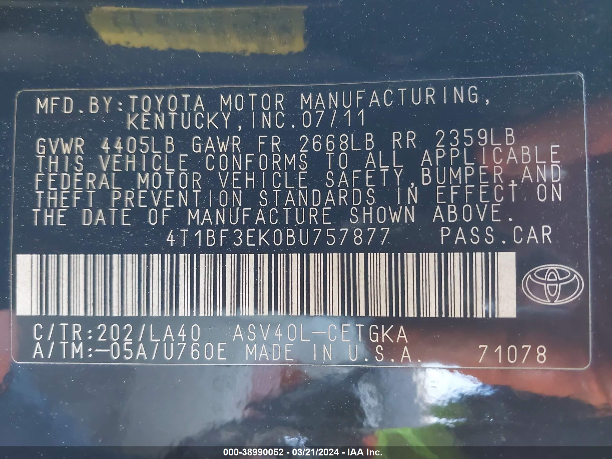 Photo 8 VIN: 4T1BF3EK0BU757877 - TOYOTA CAMRY 