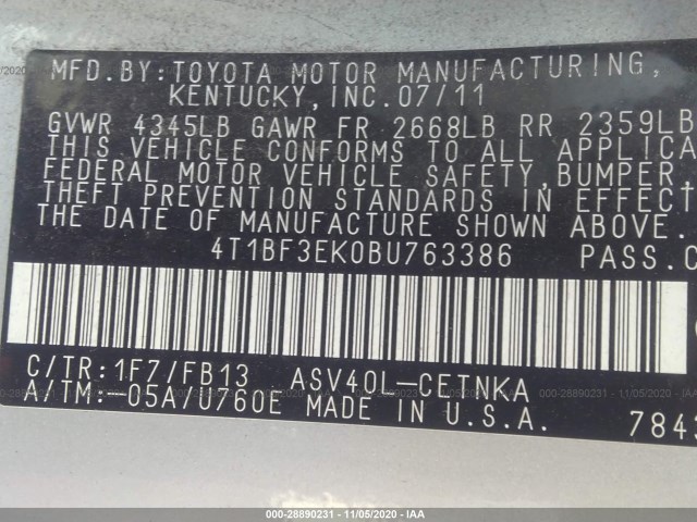 Photo 8 VIN: 4T1BF3EK0BU763386 - TOYOTA CAMRY 