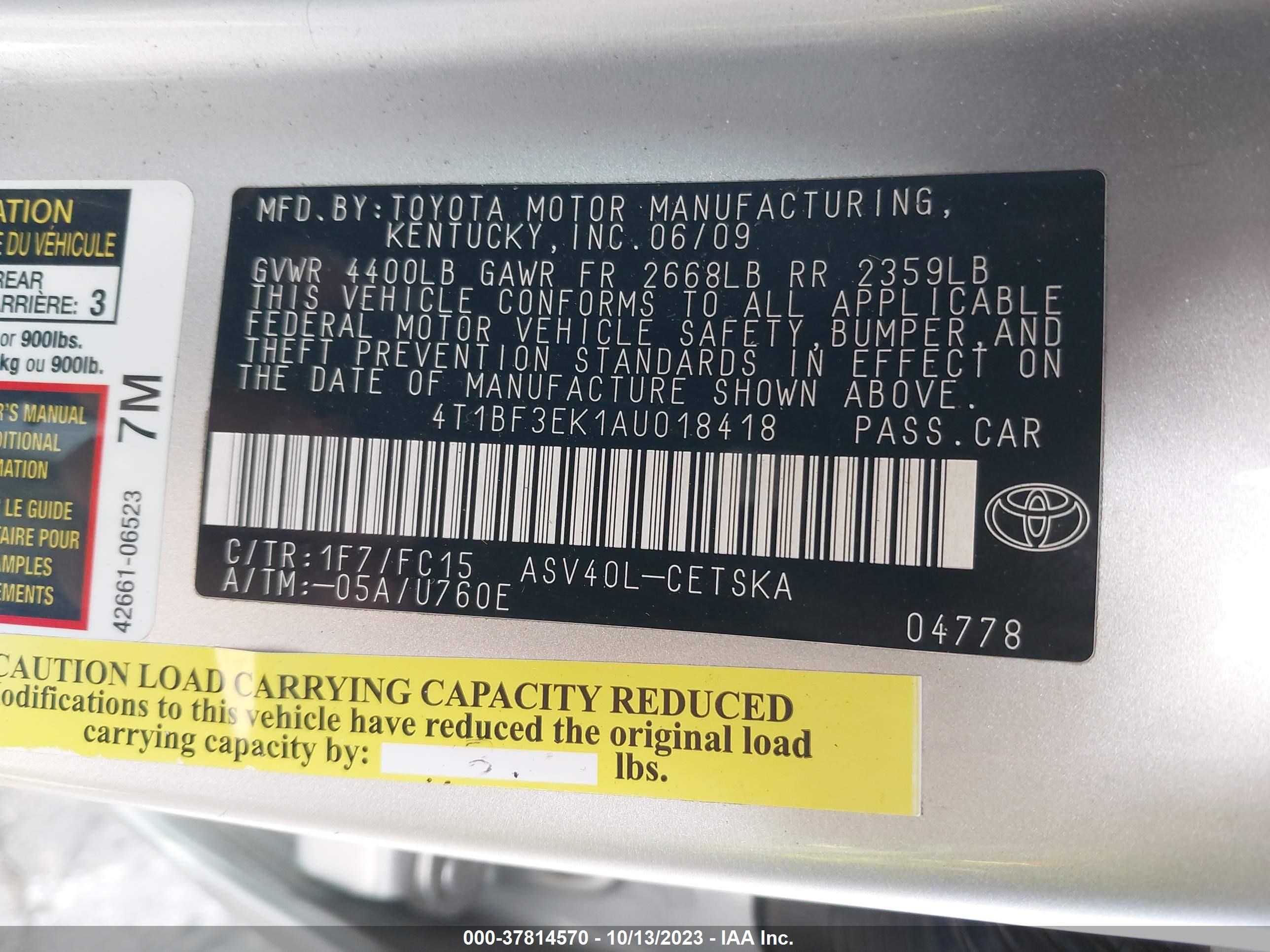 Photo 8 VIN: 4T1BF3EK1AU018418 - TOYOTA CAMRY 