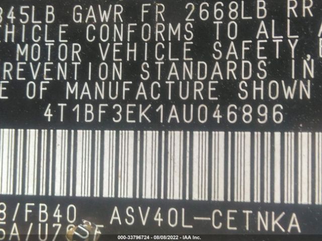 Photo 8 VIN: 4T1BF3EK1AU046896 - TOYOTA CAMRY 