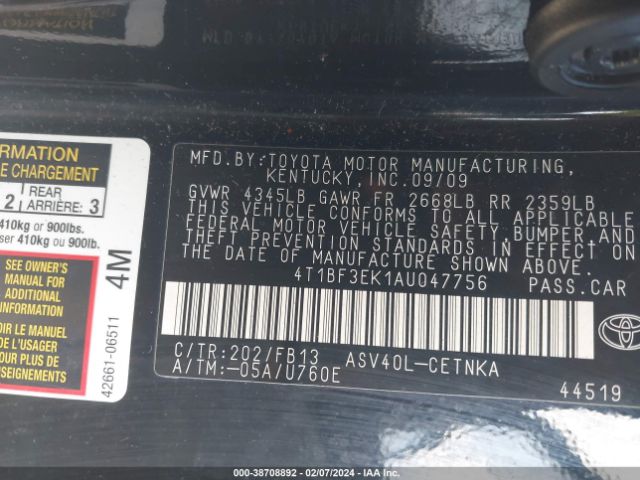 Photo 8 VIN: 4T1BF3EK1AU047756 - TOYOTA CAMRY 