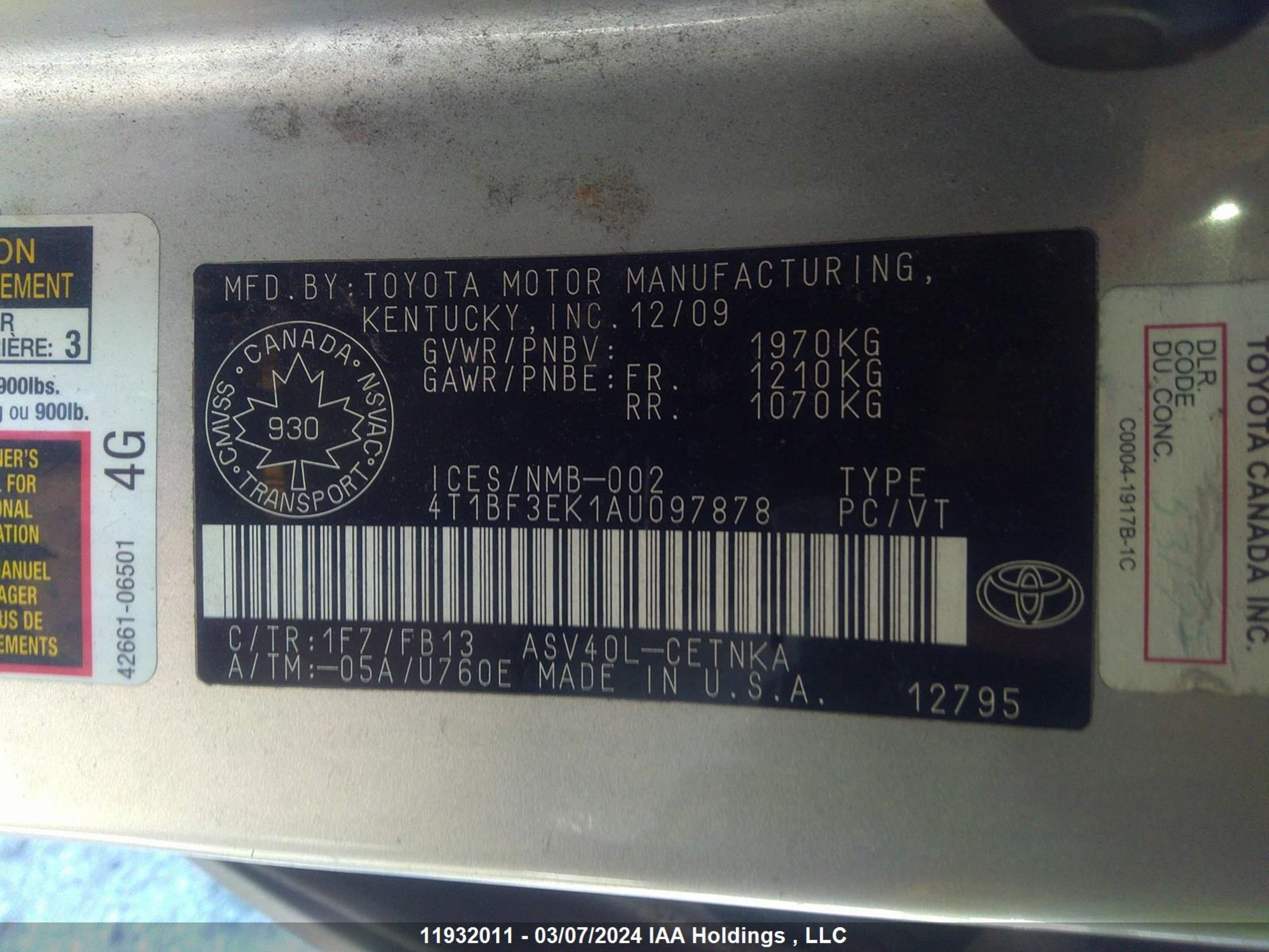 Photo 8 VIN: 4T1BF3EK1AU097878 - TOYOTA CAMRY 