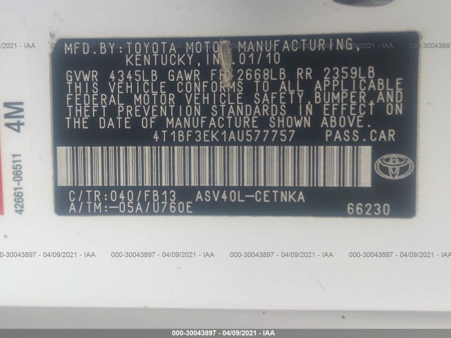 Photo 8 VIN: 4T1BF3EK1AU577757 - TOYOTA CAMRY 