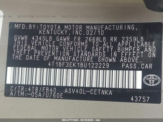 Photo 8 VIN: 4T1BF3EK1BU122229 - TOYOTA CAMRY 