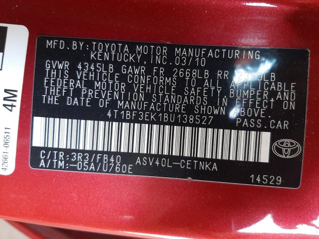 Photo 9 VIN: 4T1BF3EK1BU138527 - TOYOTA CAMRY BASE 