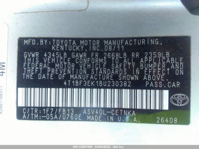 Photo 8 VIN: 4T1BF3EK1BU230382 - TOYOTA CAMRY 