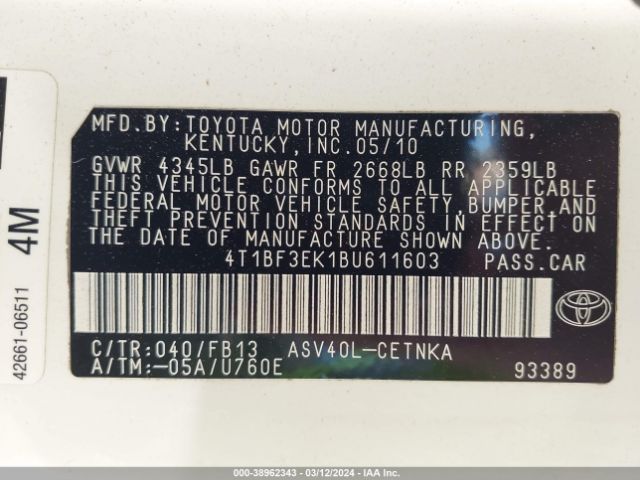 Photo 8 VIN: 4T1BF3EK1BU611603 - TOYOTA CAMRY 