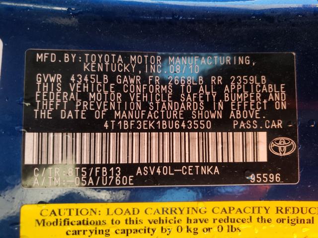 Photo 9 VIN: 4T1BF3EK1BU643550 - TOYOTA CAMRY BASE 