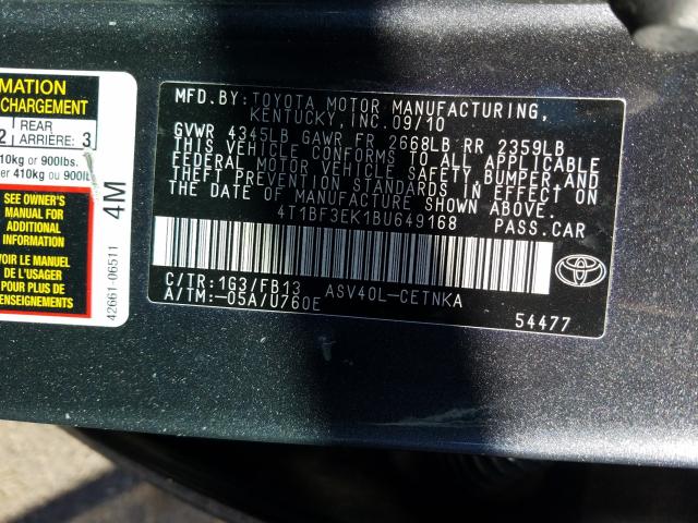 Photo 9 VIN: 4T1BF3EK1BU649168 - TOYOTA CAMRY BASE 