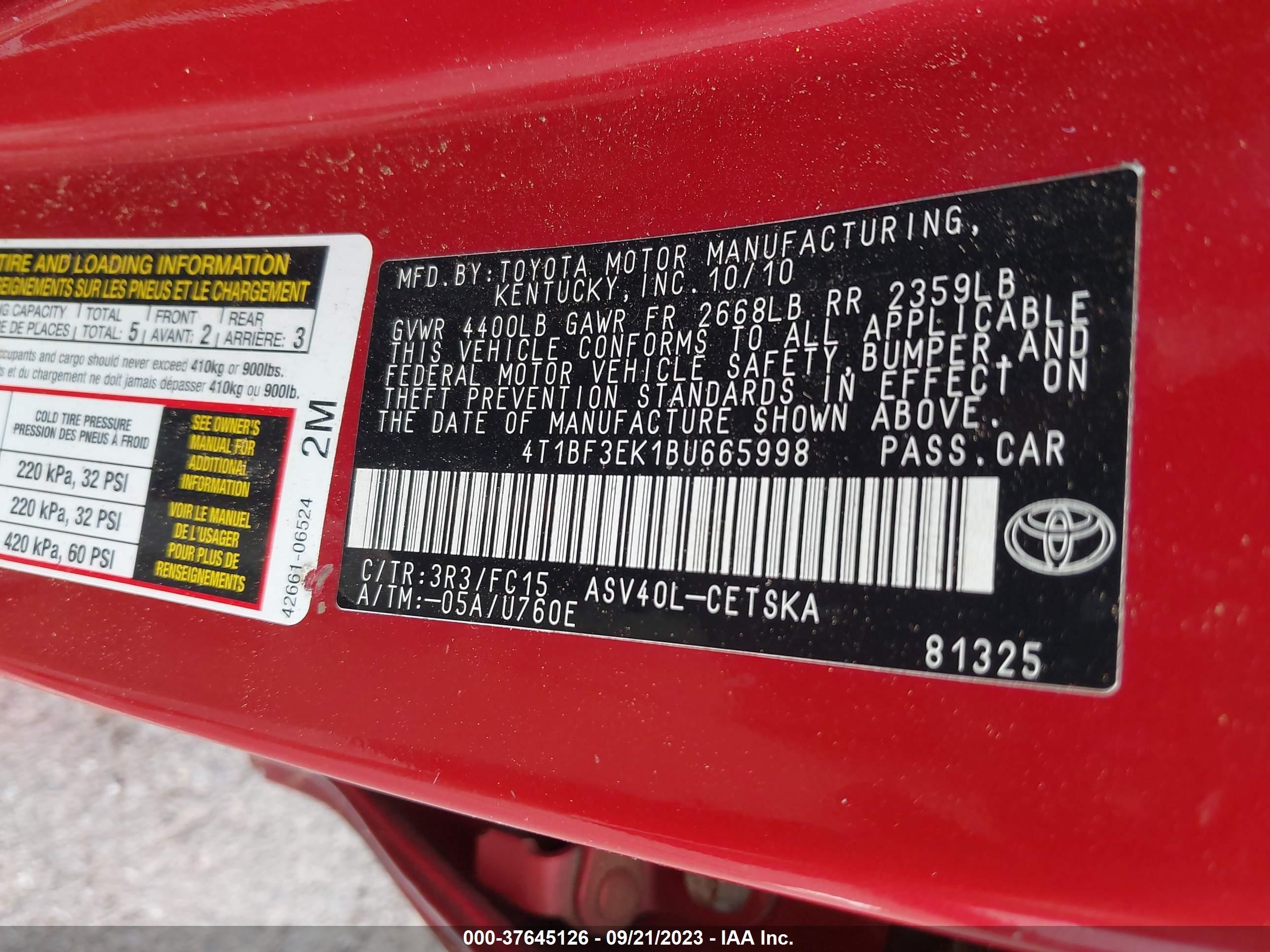 Photo 8 VIN: 4T1BF3EK1BU665998 - TOYOTA CAMRY 