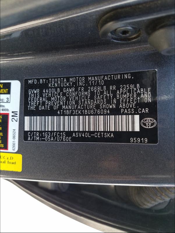 Photo 9 VIN: 4T1BF3EK1BU676094 - TOYOTA CAMRY BASE 