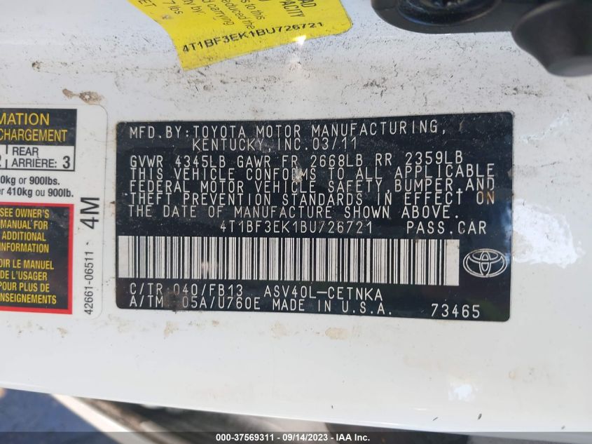 Photo 8 VIN: 4T1BF3EK1BU726721 - TOYOTA CAMRY 