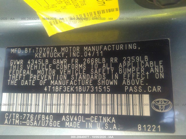 Photo 8 VIN: 4T1BF3EK1BU731515 - TOYOTA CAMRY 