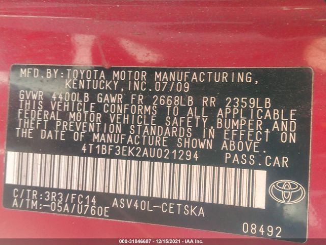 Photo 8 VIN: 4T1BF3EK2AU021294 - TOYOTA CAMRY 