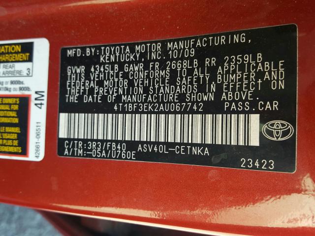 Photo 9 VIN: 4T1BF3EK2AU067742 - TOYOTA CAMRY BASE 