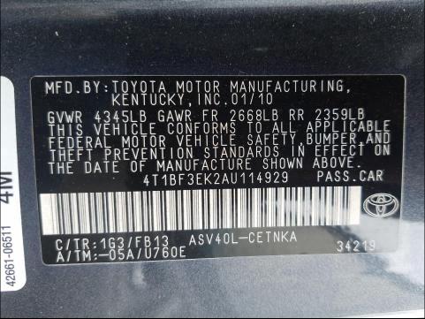 Photo 9 VIN: 4T1BF3EK2AU114929 - TOYOTA CAMRY BASE 