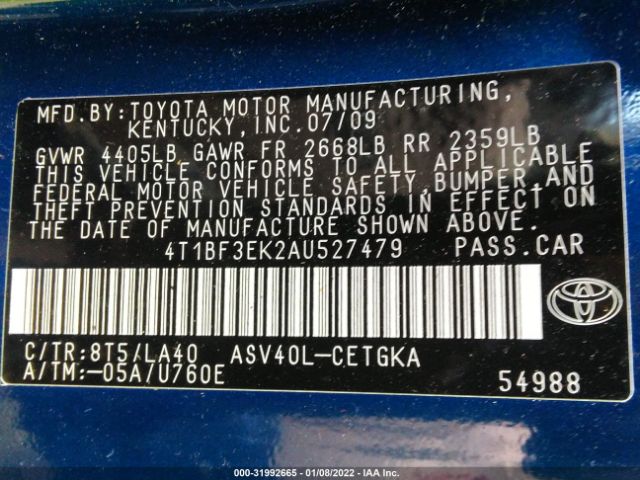 Photo 8 VIN: 4T1BF3EK2AU527479 - TOYOTA CAMRY 