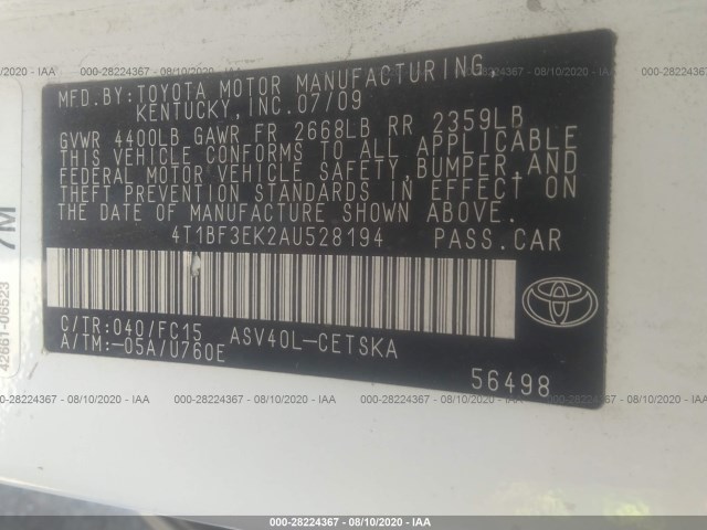 Photo 8 VIN: 4T1BF3EK2AU528194 - TOYOTA CAMRY 