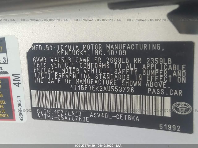 Photo 8 VIN: 4T1BF3EK2AU553726 - TOYOTA CAMRY 