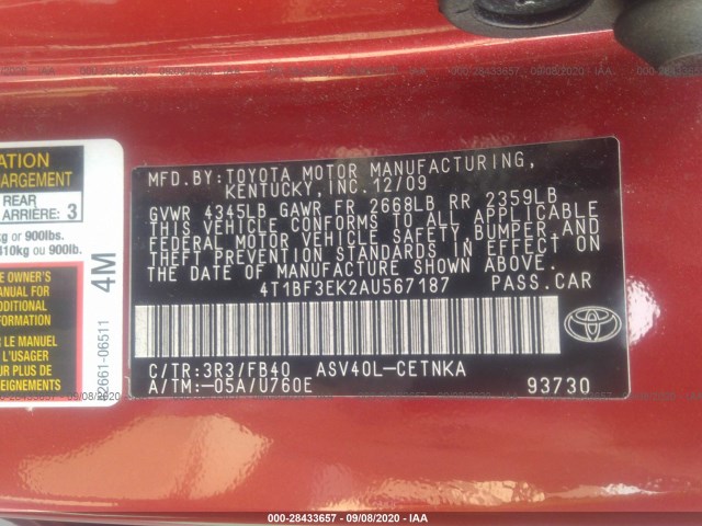 Photo 8 VIN: 4T1BF3EK2AU567187 - TOYOTA CAMRY 