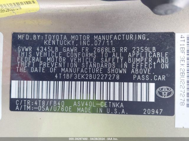 Photo 8 VIN: 4T1BF3EK2BU227278 - TOYOTA CAMRY 