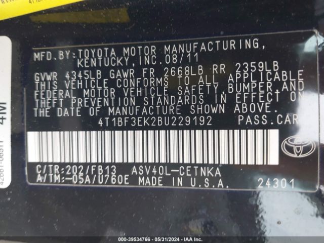 Photo 8 VIN: 4T1BF3EK2BU229192 - TOYOTA CAMRY 