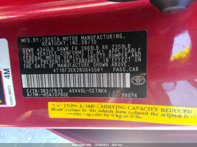 Photo 8 VIN: 4T1BF3EK2BU645081 - TOYOTA CAMRY 