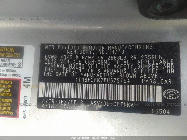 Photo 8 VIN: 4T1BF3EK2BU675794 - TOYOTA CAMRY 