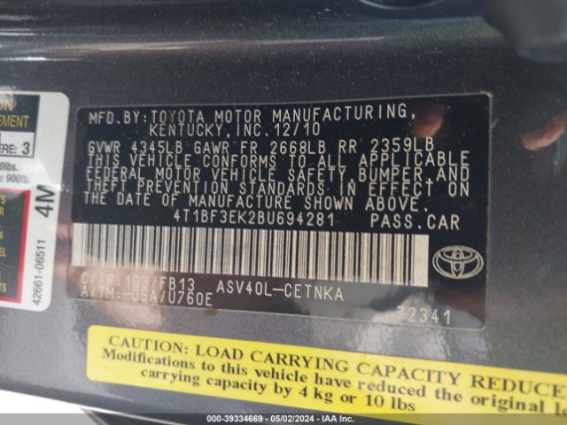 Photo 8 VIN: 4T1BF3EK2BU694281 - TOYOTA CAMRY 