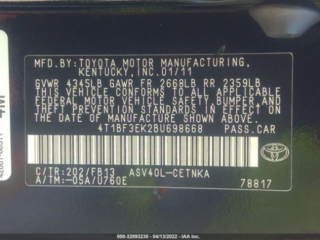 Photo 8 VIN: 4T1BF3EK2BU698668 - TOYOTA CAMRY 