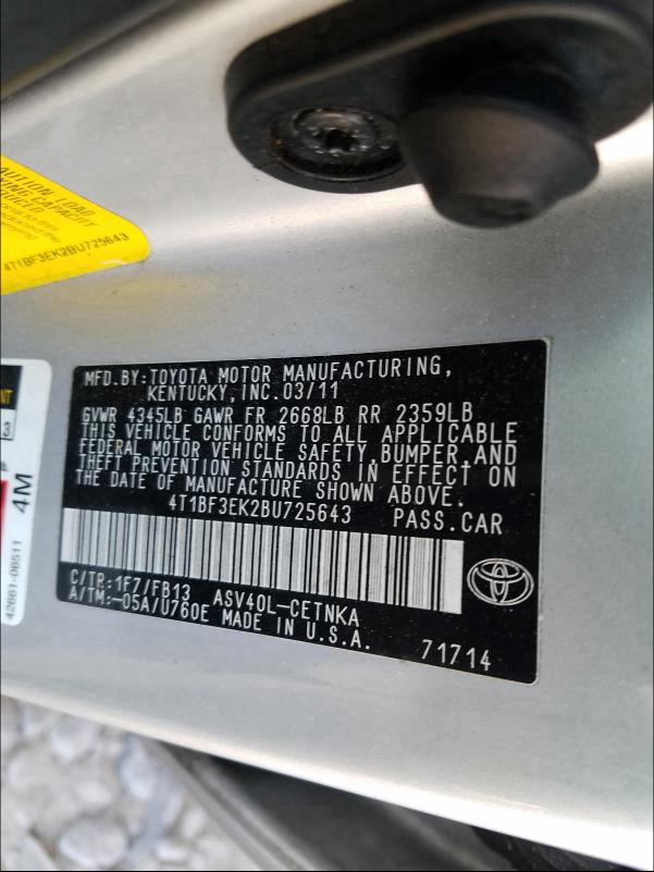 Photo 9 VIN: 4T1BF3EK2BU725643 - TOYOTA CAMRY BASE 