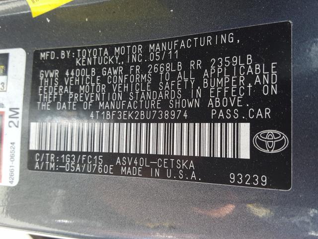 Photo 9 VIN: 4T1BF3EK2BU738974 - TOYOTA CAMRY BASE 