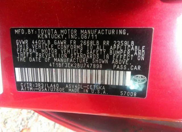 Photo 8 VIN: 4T1BF3EK2BU747898 - TOYOTA CAMRY 